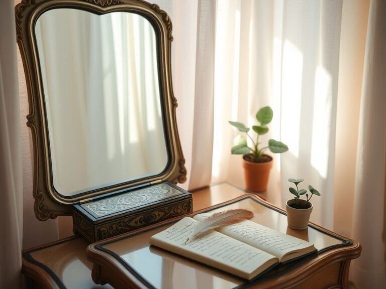 Flick International A serene room filled with self-reflection items including a vintage jewelry box and a feather quill