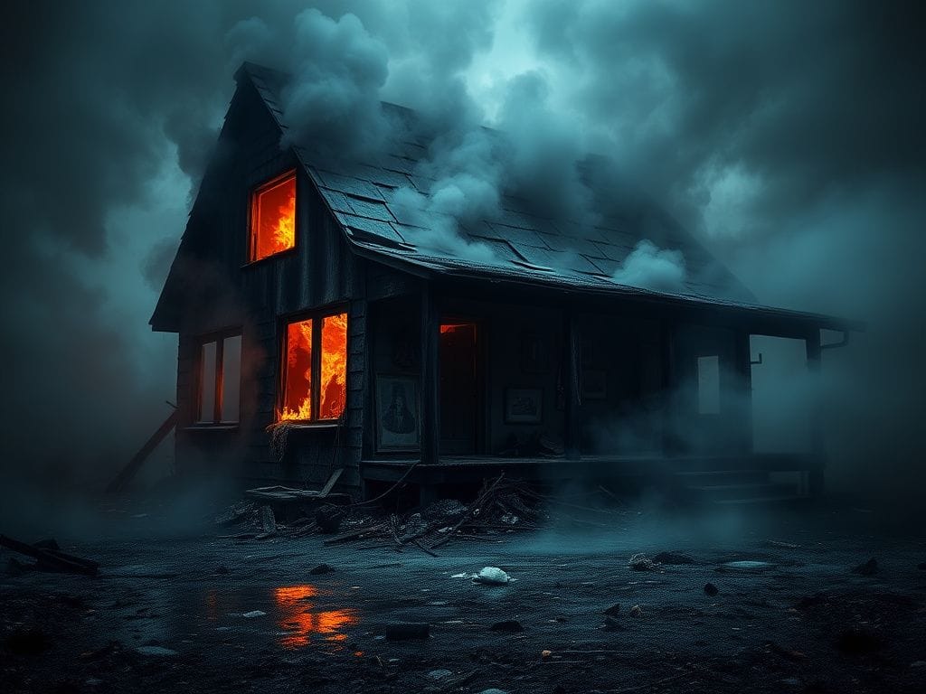 Flick International Charred remains of a house engulfed in smoke after a tragic incident