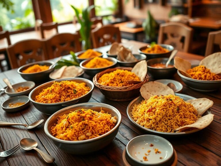 Flick International A vibrant dining scene featuring traditional rice dishes and flatbreads on a rustic wooden table