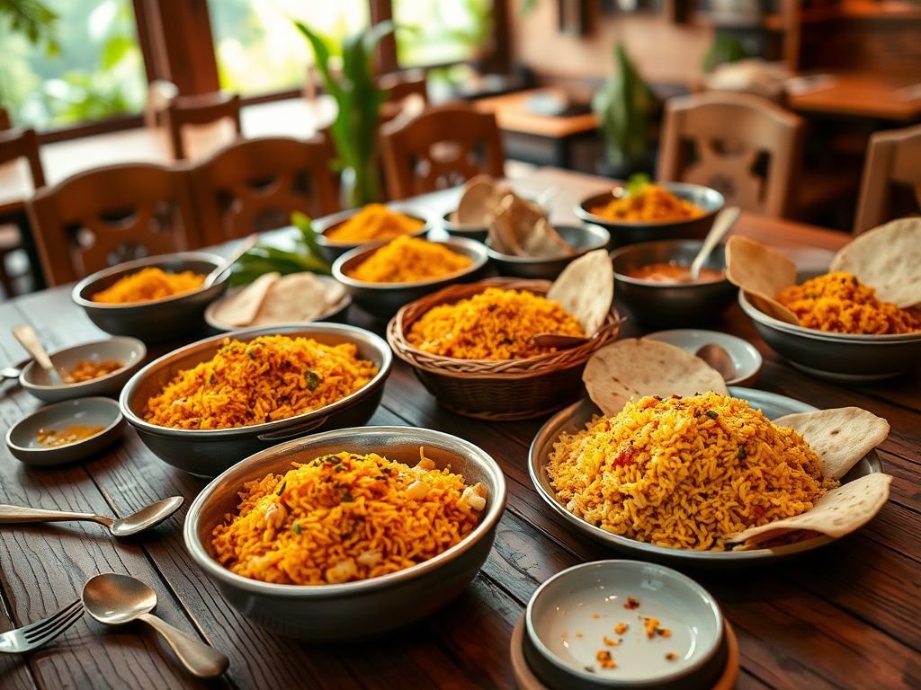 Flick International A vibrant dining scene featuring traditional rice dishes and flatbreads on a rustic wooden table