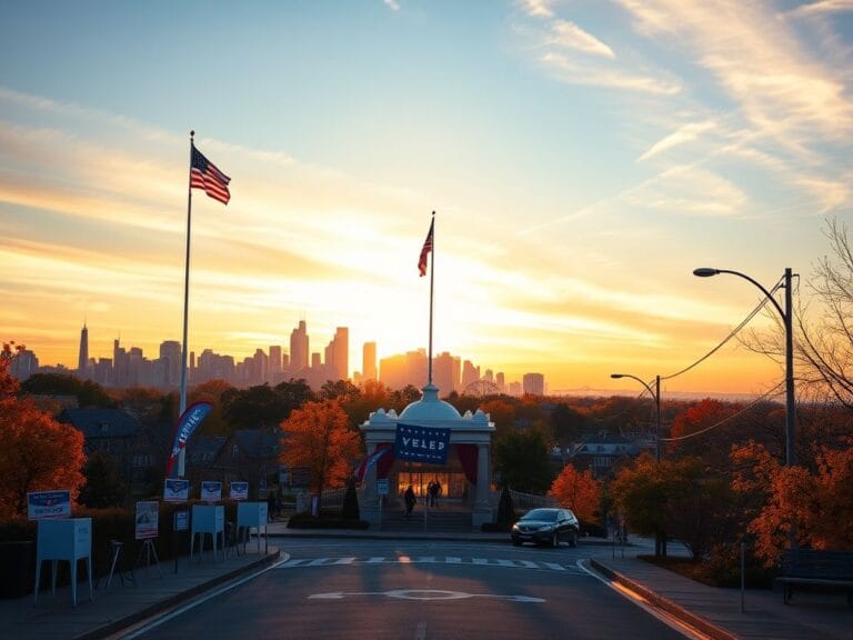 Flick International A bustling polling station surrounded by campaign signs on election day