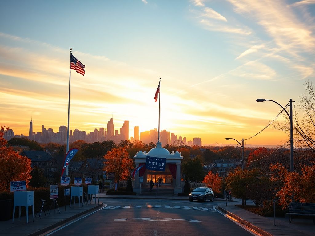 Flick International A bustling polling station surrounded by campaign signs on election day