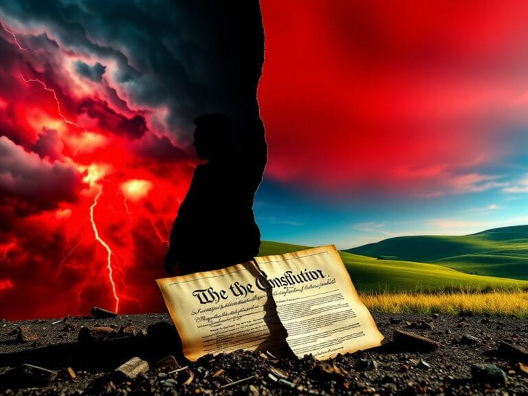 Flick International A split-screen image contrasting chaotic political tension with a serene landscape symbolizing hope.