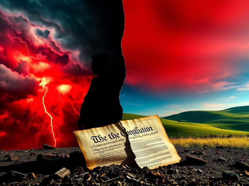 Flick International A split-screen image contrasting chaotic political tension with a serene landscape symbolizing hope.