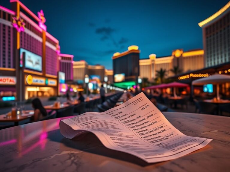 Flick International Panoramic view of the Las Vegas Strip at dusk with vibrant neon signs and crumpled hotel bill