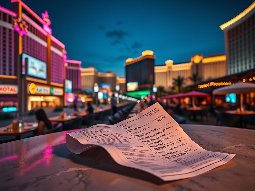 Flick International Panoramic view of the Las Vegas Strip at dusk with vibrant neon signs and crumpled hotel bill