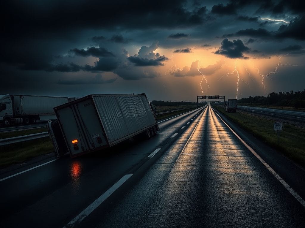 Flick International Overturned semi-truck on a dark highway under stormy skies