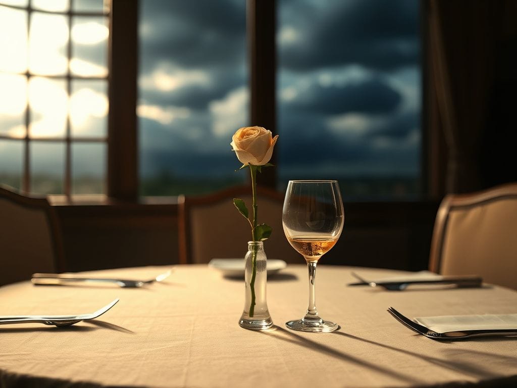 Flick International Empty dining table with a wilted white rose, symbolizing lost romance
