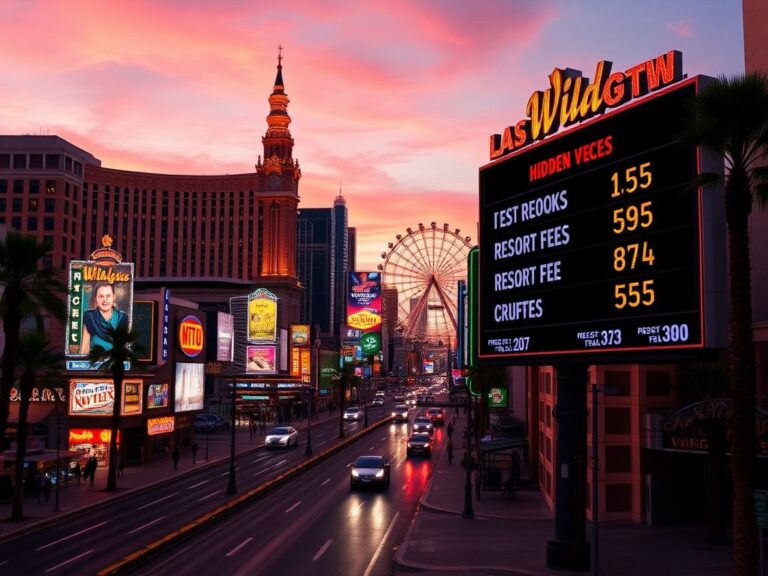 Flick International A vibrant Las Vegas Strip scene at sunset showcasing colorful neon signs and a digital billboard with price fluctuations.