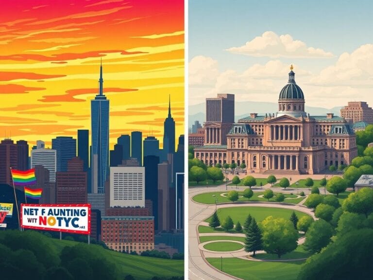 Flick International Split landscape showing contrasting cityscapes of New York City and Pennsylvania, highlighting progressive and centrist political themes