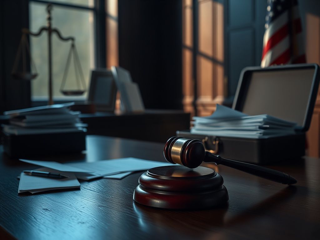 Flick International Dimly lit courtroom scene featuring a gavel and scattered legal documents