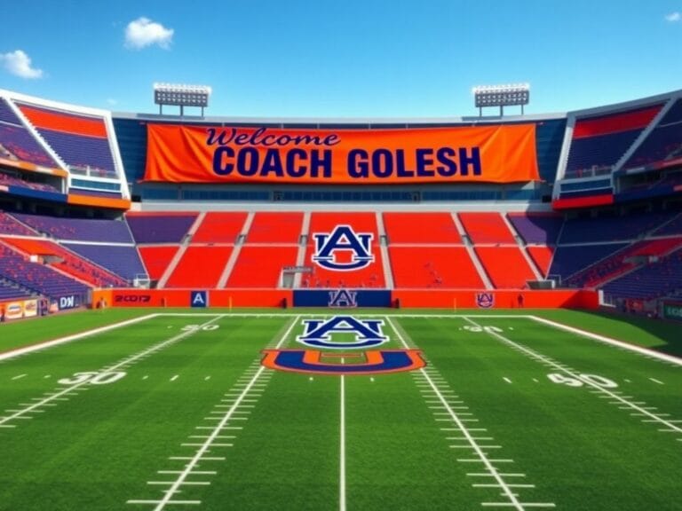 Flick International Empty college football stadium representing the Auburn Tigers with vibrant orange and blue colors and a Welcome Coach Golesh banner