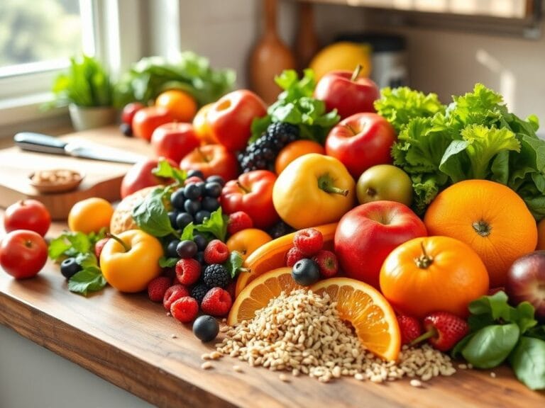 Flick International Colorful assortment of fresh fruits and vegetables on a wooden kitchen counter