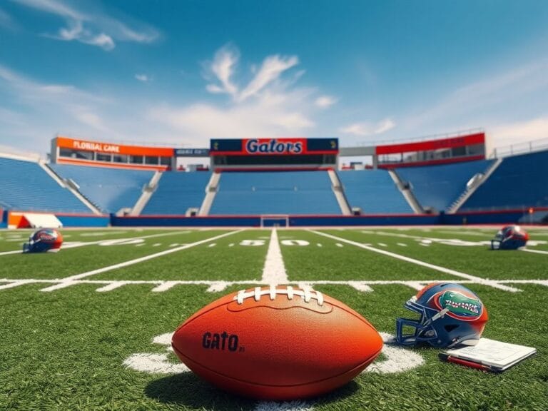 Flick International A textured football field with orange and blue colors of the Florida Gators under a bright blue sky