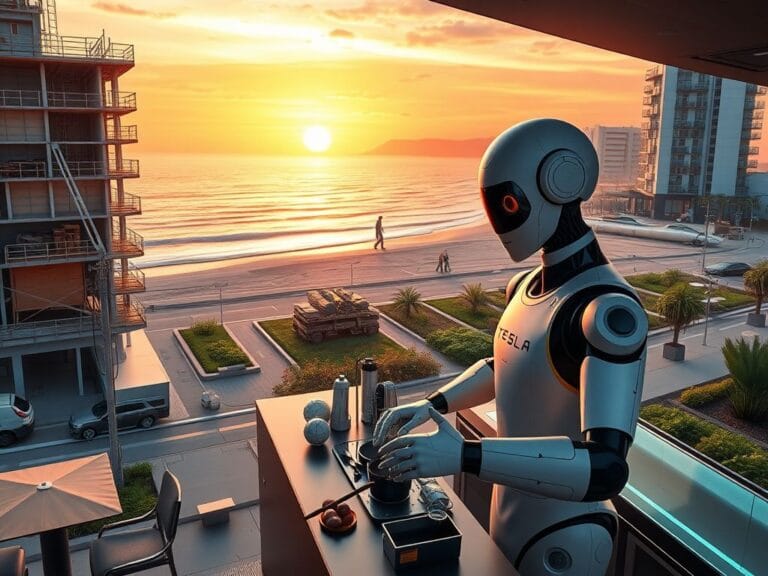 Flick International Optimus humanoid robots performing tasks in a futuristic urban landscape