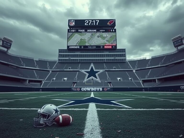Flick International Empty football stadium with Dallas Cowboys star emblem under overcast sky