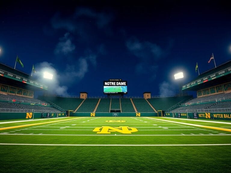 Flick International A dramatic scene of an empty Notre Dame football stadium illuminated by lights