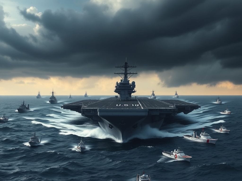 Flick International Massive aircraft carrier USS Gerald R. Ford navigating turbulent ocean waters with naval fleet during a dramatic stormy scene