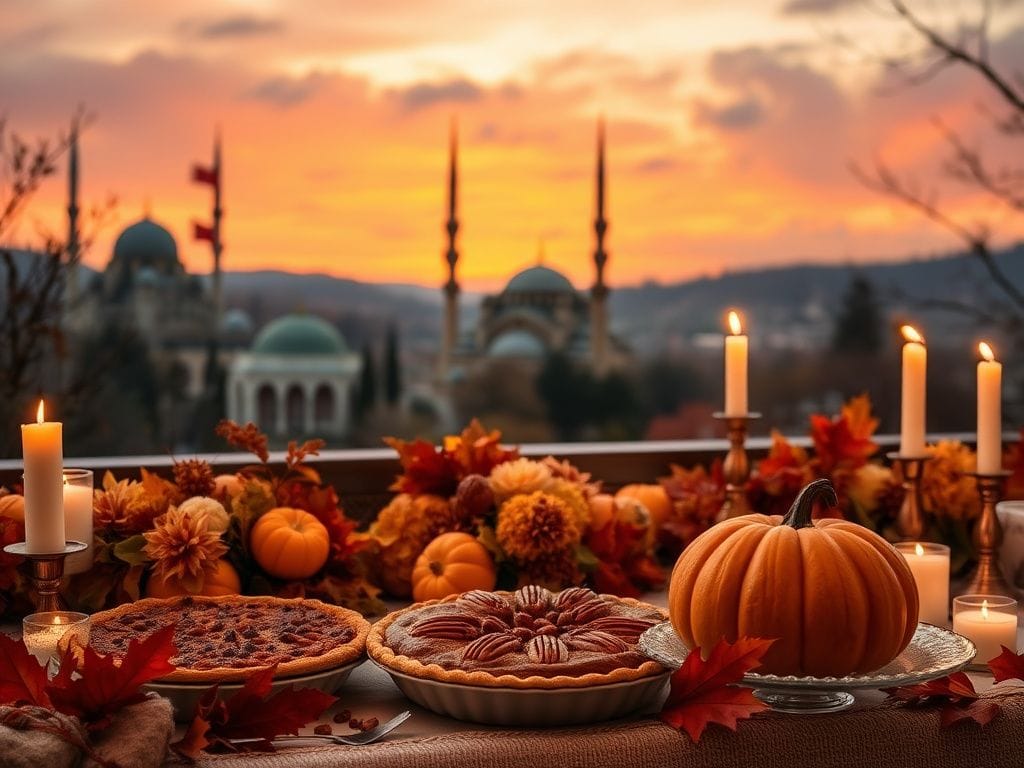 Flick International Thanksgiving pilgrimage table set with traditional pies in Turkey