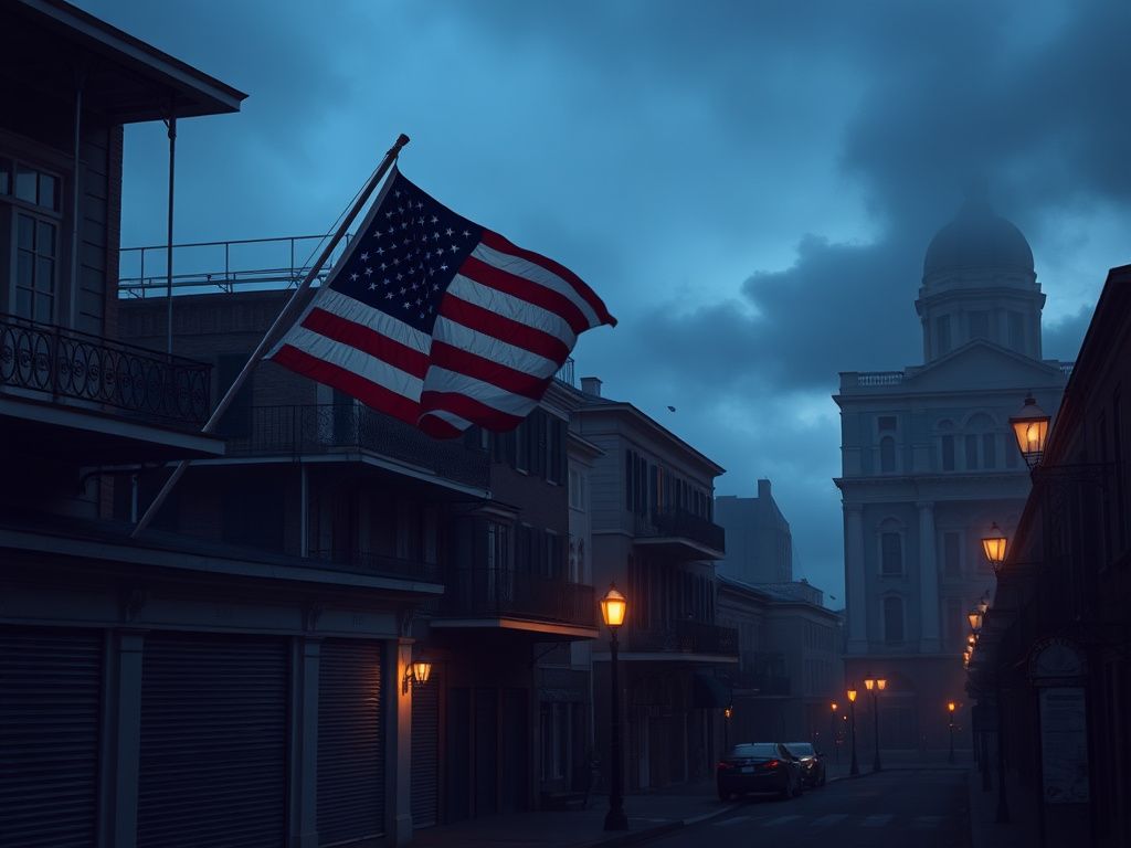 Flick International A somber urban landscape of New Orleans at dusk featuring wrought-iron balconies and a distressed American flag
