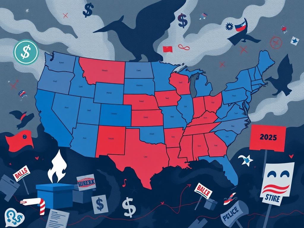 Flick International Stylized map of the United States showing Democratic and Republican strongholds during the 2025 campaign trail