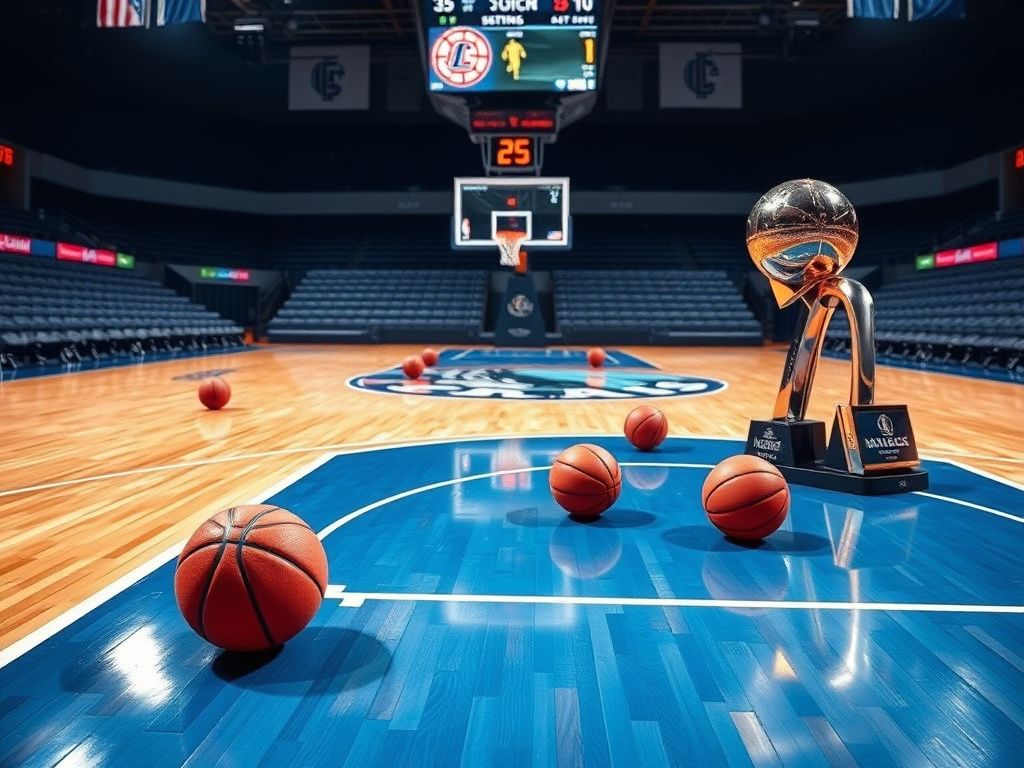 Flick International Dynamic basketball court scene featuring a hardwood floor and scattered basketballs symbolizing Cooper Flagg's historic performance