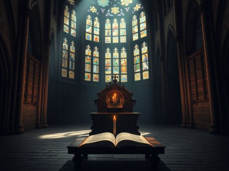 Flick International somber medieval cathedral scene with ornate altar and flickering candle
