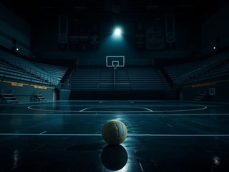 Flick International A dimly lit volleyball court with an empty space and a single volleyball on the ground