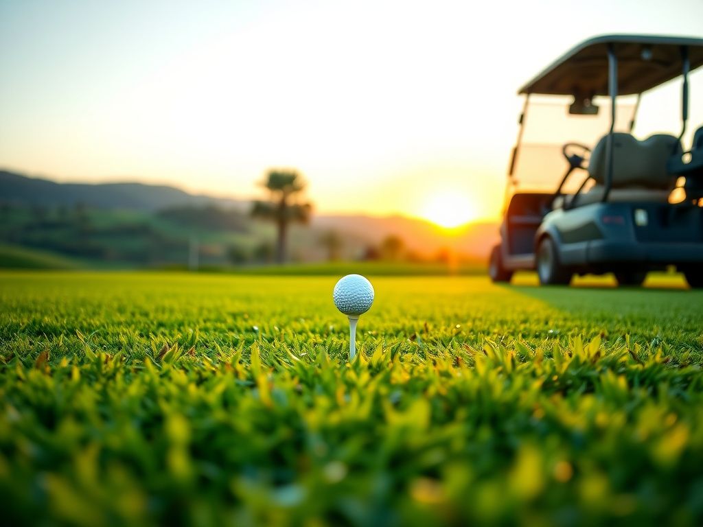 Flick International A serene golf course at sunrise with a golf ball on a tee amidst dew-kissed grass.