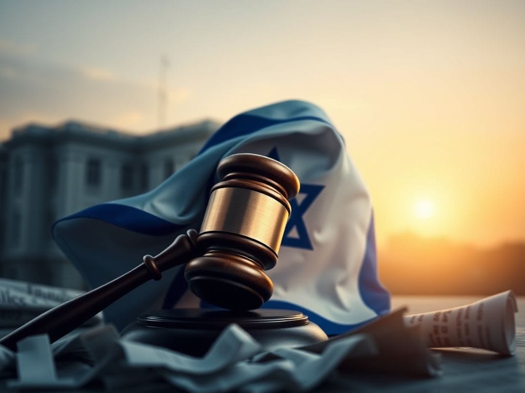 Flick International Israeli flag draped over a gavel symbolizing justice and governance