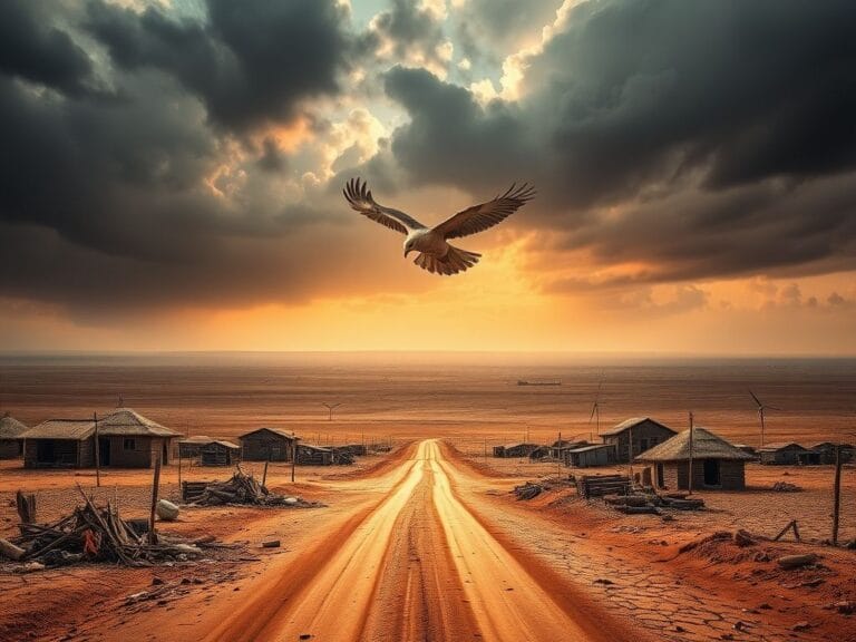 Flick International Dramatic landscape of war-torn Sudan showing abandoned villages and a dusty road.