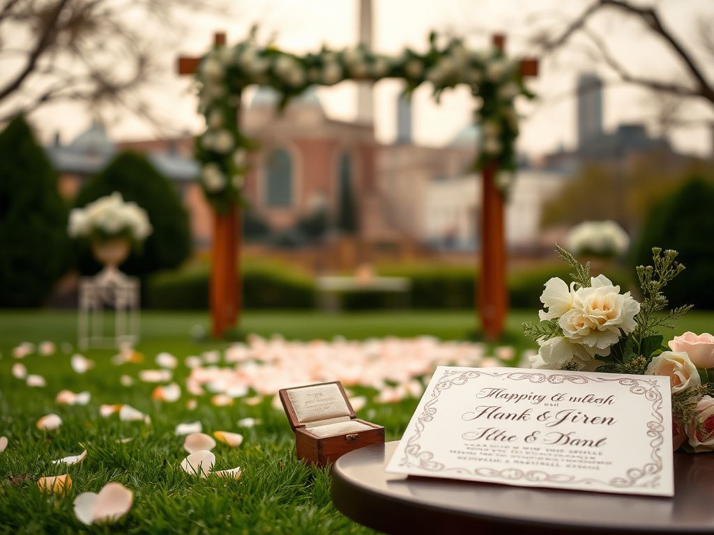 Flick International Intimate outdoor wedding ceremony scene featuring a decorated arch with white flowers