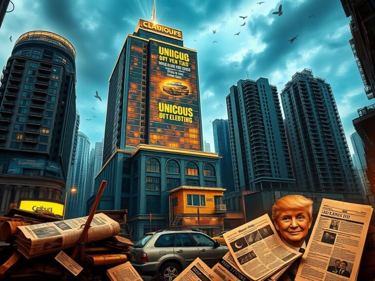 Flick International A dynamic urban scene contrasting luxury and urban decay, featuring a luxury hotel amidst a gritty cityscape.