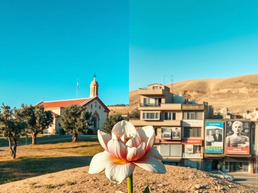 Flick International A serene split-scene image of Lebanon showing a quiet church among olive trees and a struggling urban landscape.