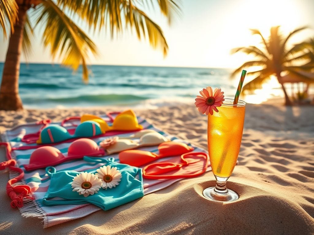 Flick International Vibrant tropical beach scene with colorful bikini swimwear laid out on a beach towel