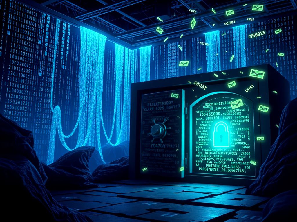 Flick International A visual representation of cybersecurity with a dark web backdrop and glowing streams of code.