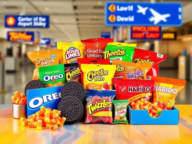 Flick International A vibrant display of popular airport snacks including Oreo cookies, Sour Patch Kids, and beef jerky