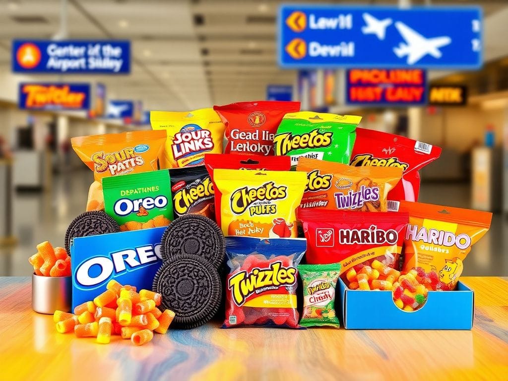 Flick International A vibrant display of popular airport snacks including Oreo cookies, Sour Patch Kids, and beef jerky