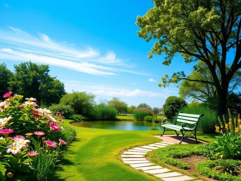 Flick International Serene outdoor garden scene with blooming flowers and a tranquil pond