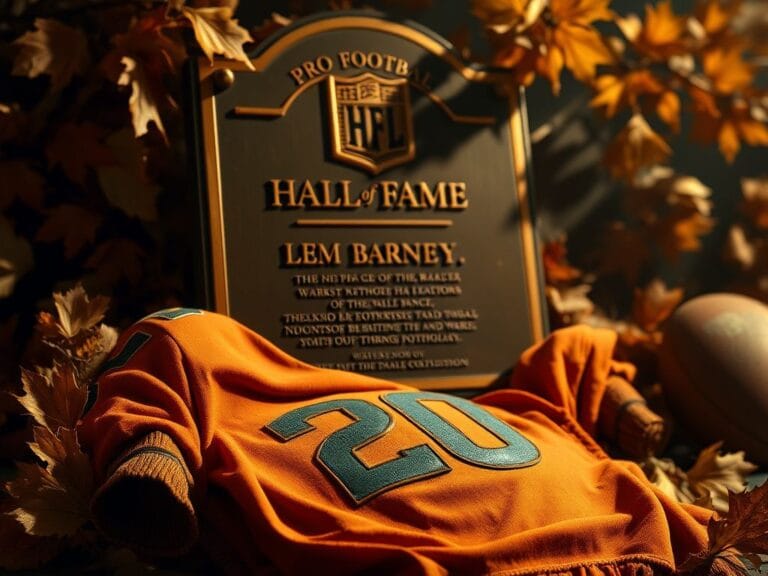 Flick International Vintage Pro Football Hall of Fame plaque for Lem Barney surrounded by autumn leaves and memorabilia