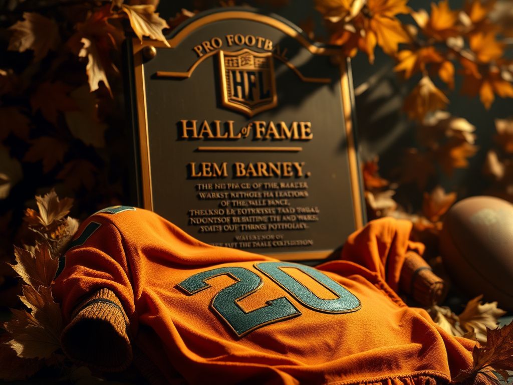 Flick International Vintage Pro Football Hall of Fame plaque for Lem Barney surrounded by autumn leaves and memorabilia