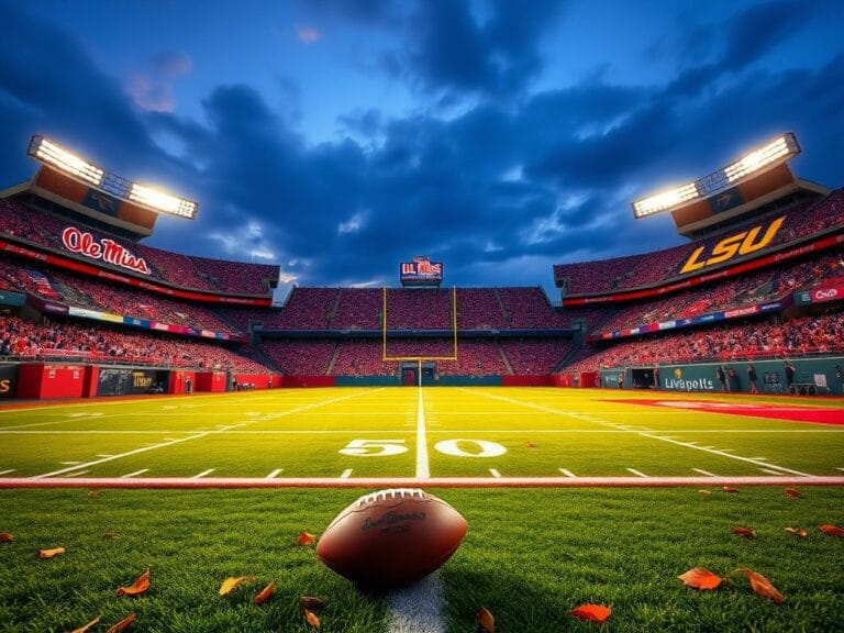 Flick International Vibrant college football stadium filled with team banners and flags representing Ole Miss and LSU