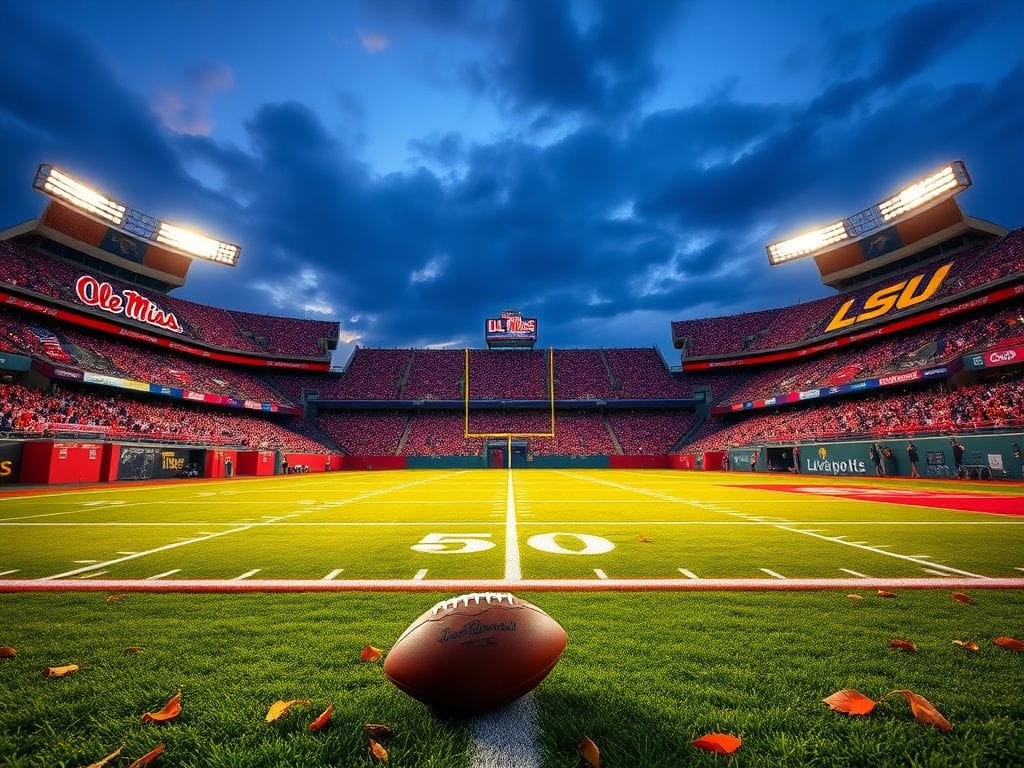 Flick International Vibrant college football stadium filled with team banners and flags representing Ole Miss and LSU