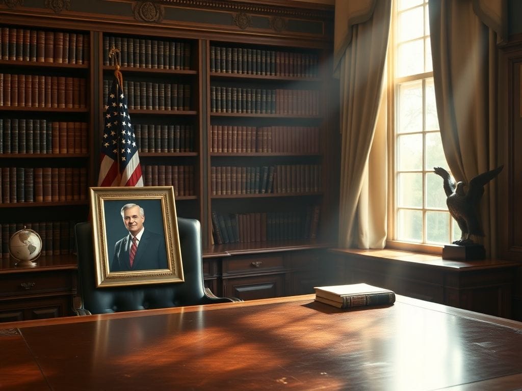 Flick International A serene desk scene honoring Dick Cheney's legacy with an American flag and personal mementos.