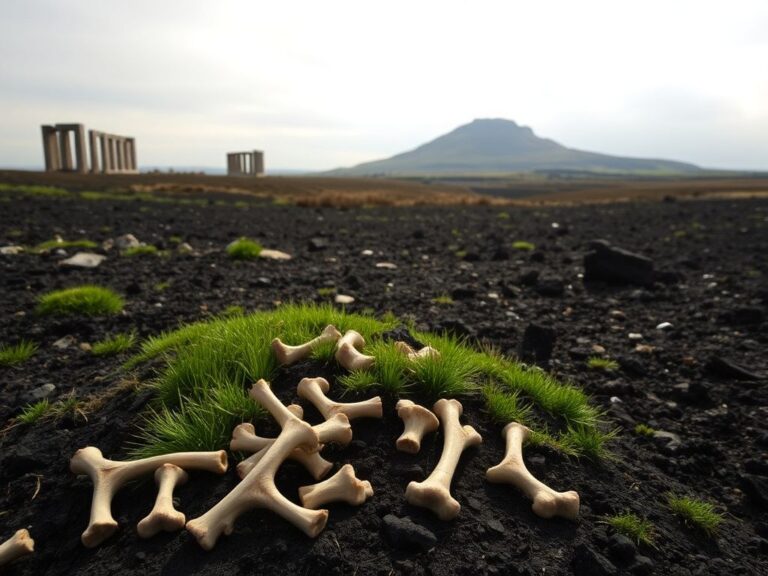 Flick International Scattered animal bones partially buried in the charred earth of Holyrood Park near Arthur's Seat