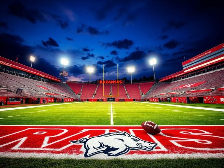 Flick International Vibrant football stadium with Arkansas Razorbacks' logo illuminated at night