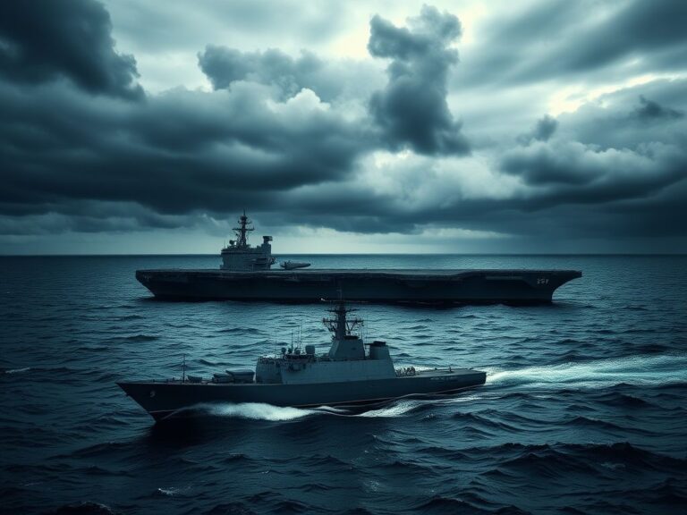 Flick International imposing aircraft carrier at sea under a moody sky