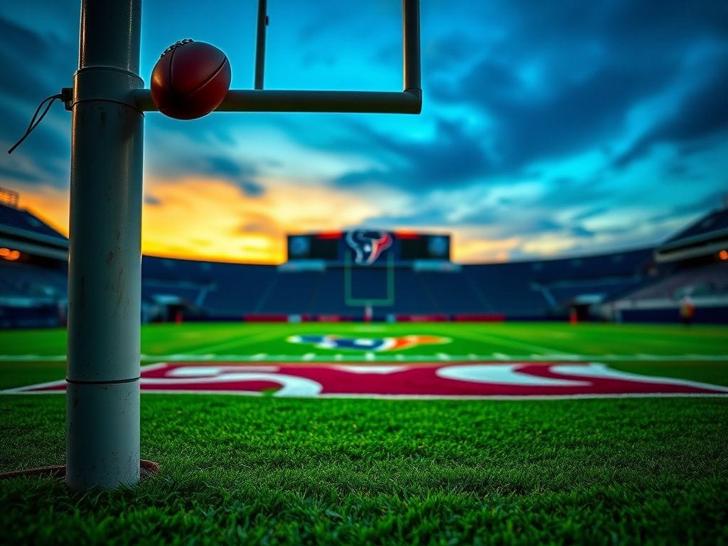 Flick International Close-up of a goalpost with a football above the crossbar during an NFL game