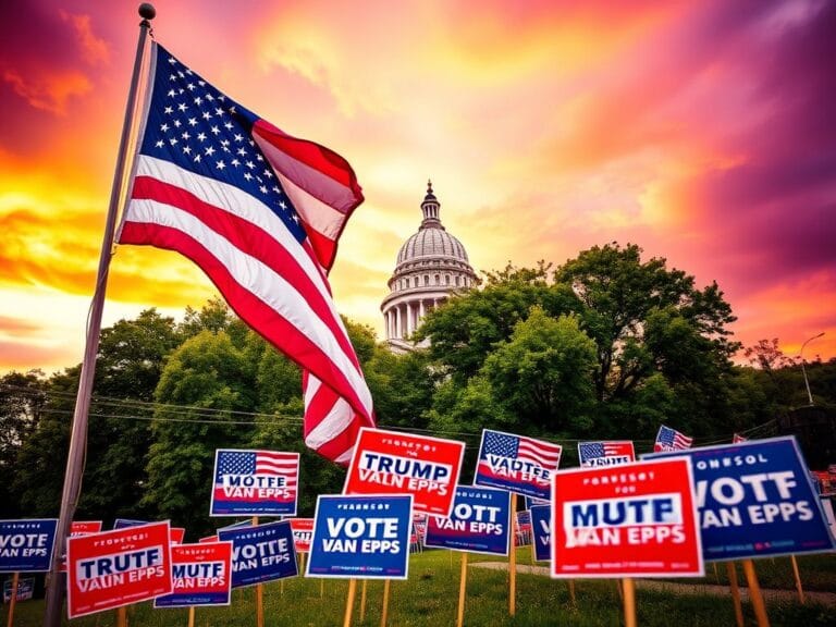 Flick International Vibrant American flag fluttering in front of Tennessee Capitol building during campaign