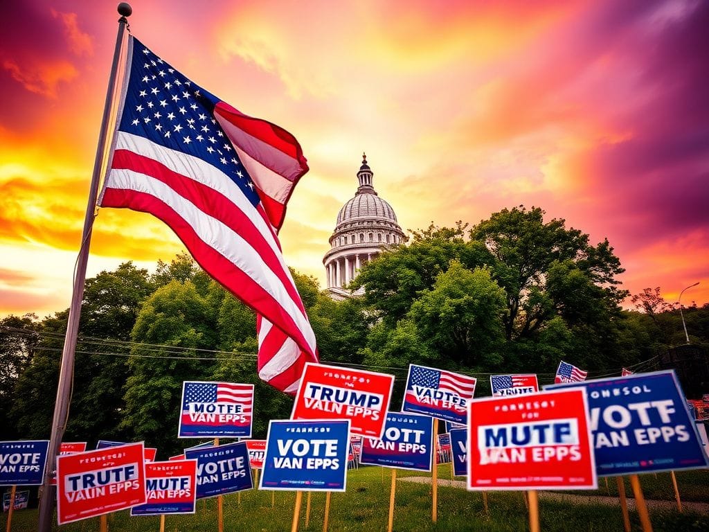 Flick International Vibrant American flag fluttering in front of Tennessee Capitol building during campaign